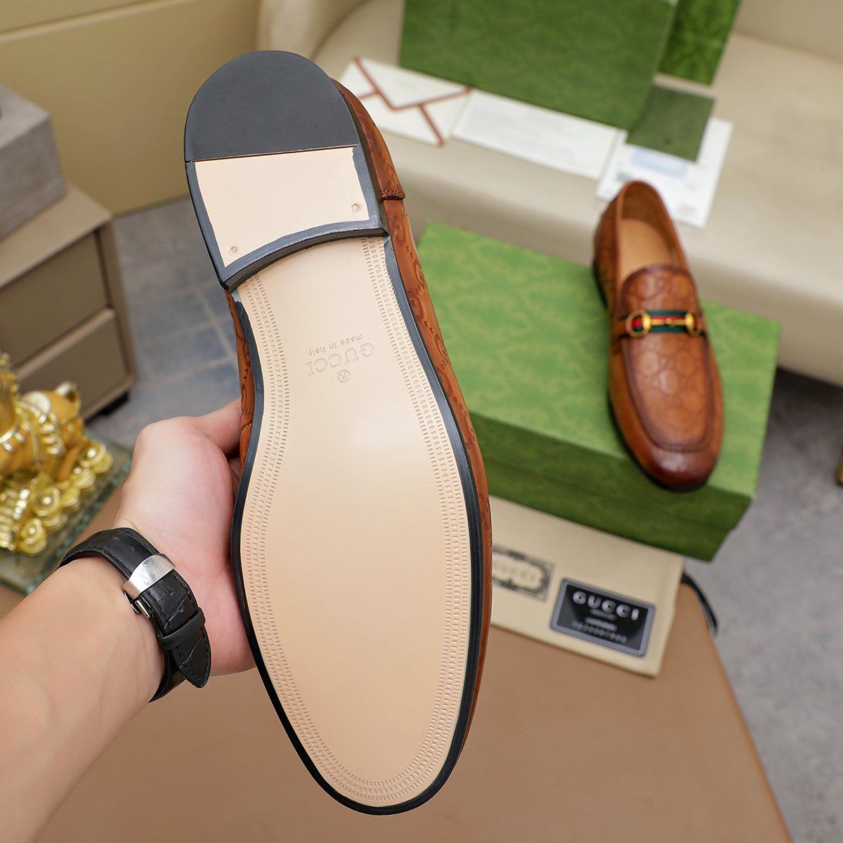Gucci Patterned Metal-Bit Loafers — detail